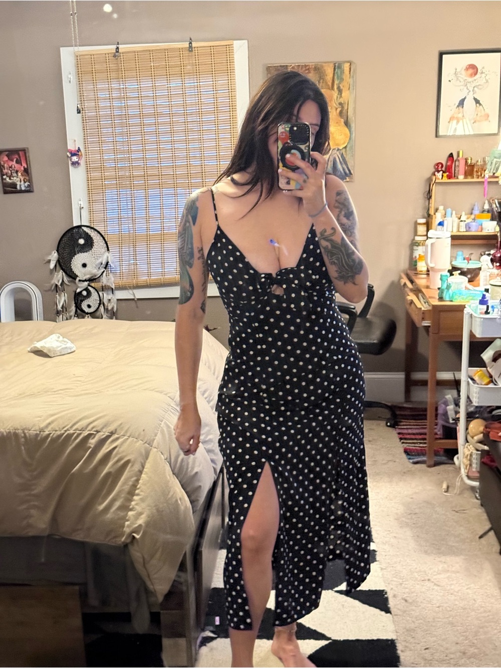 Nasty Gal Black Polka Dot Midi Slip Dress with Side Slit